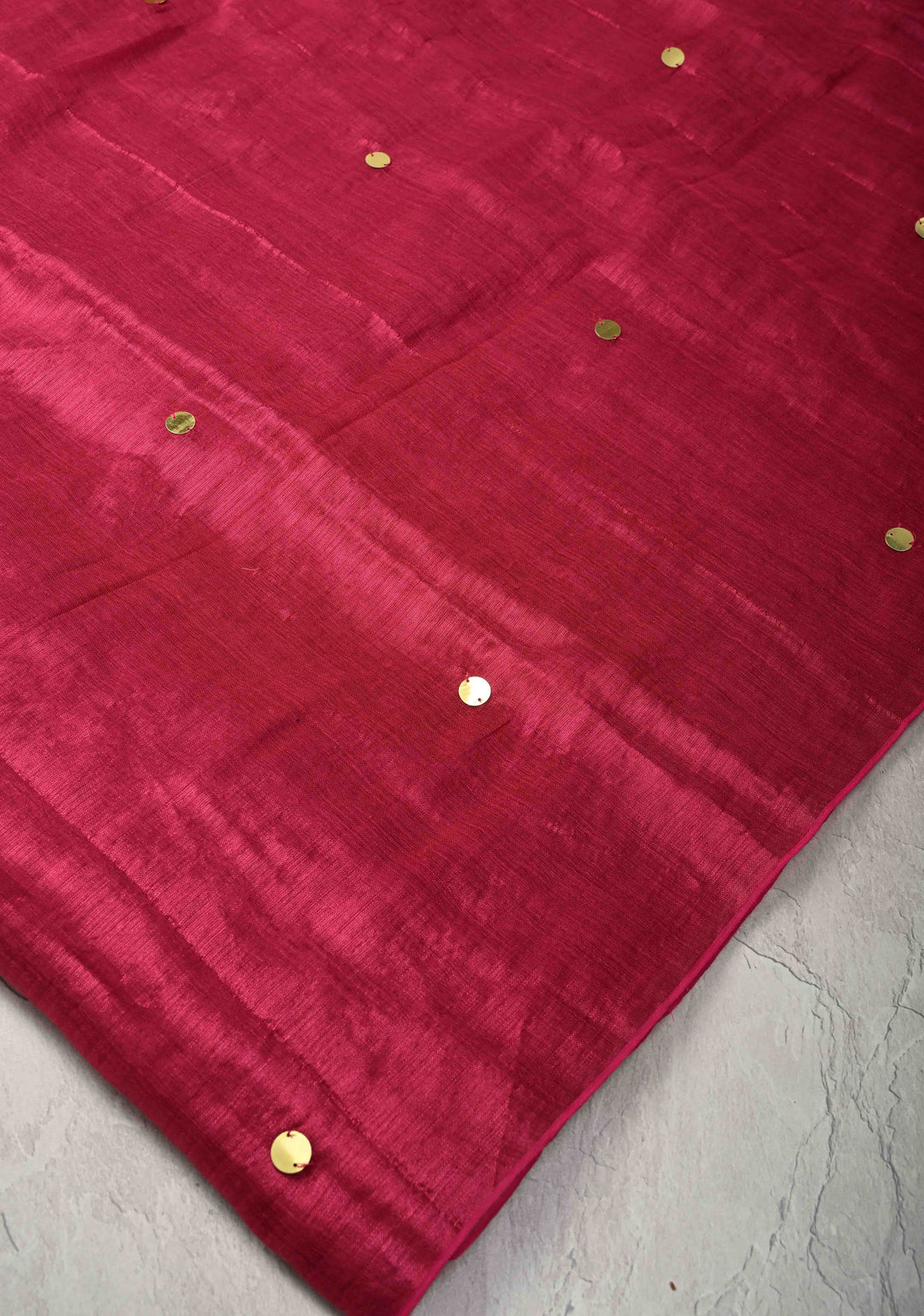 Pomegranate Red Tissue by Tissue Saree with Tikki Work and Long Tassels