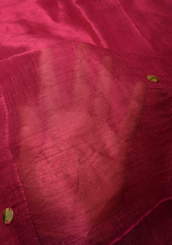 Pomegranate Red Tissue by Tissue Saree with Tikki Work and Long Tassels