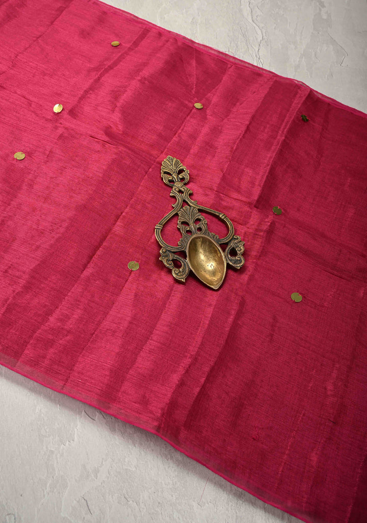 Pomegranate Red Tissue by Tissue Saree with Tikki Work and Long Tassels