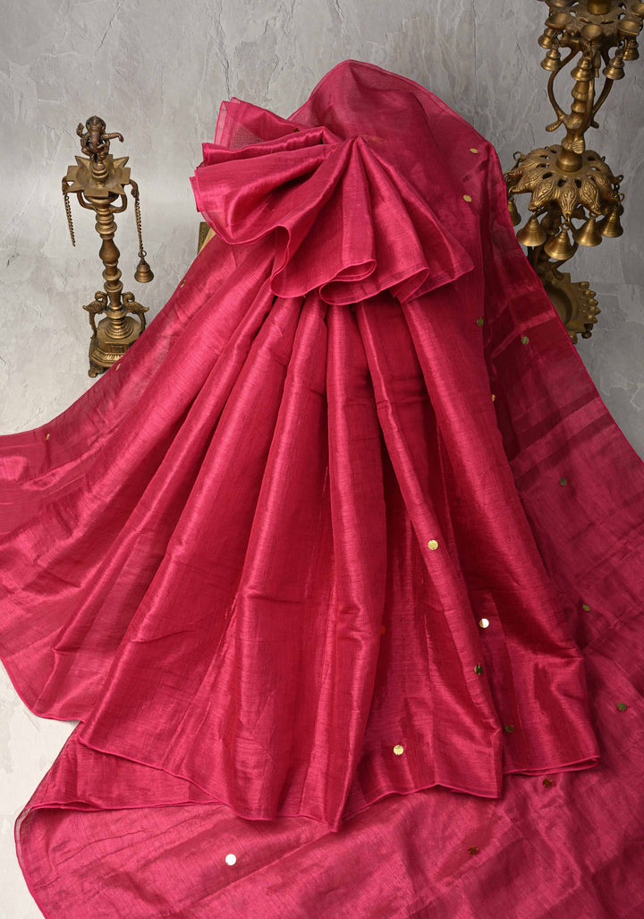 Pomegranate Red Tissue by Tissue Saree with Tikki Work and Long Tassels