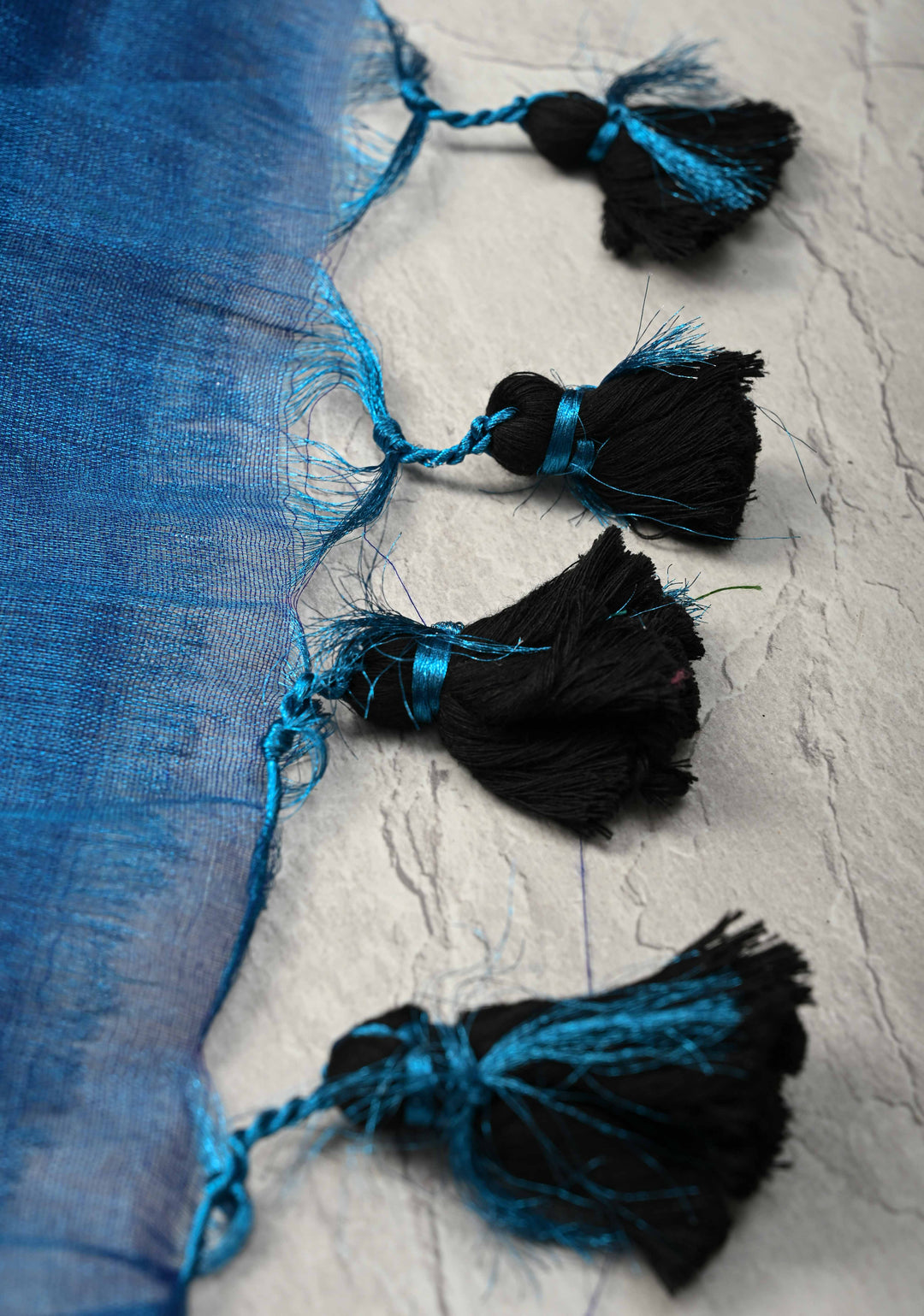copper sulphate blue Tissue by Tissue Saree with Tikki Work and Long Tassels