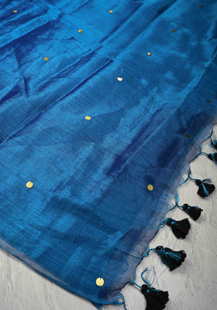 copper sulphate blue Tissue by Tissue Saree with Tikki Work and Long Tassels