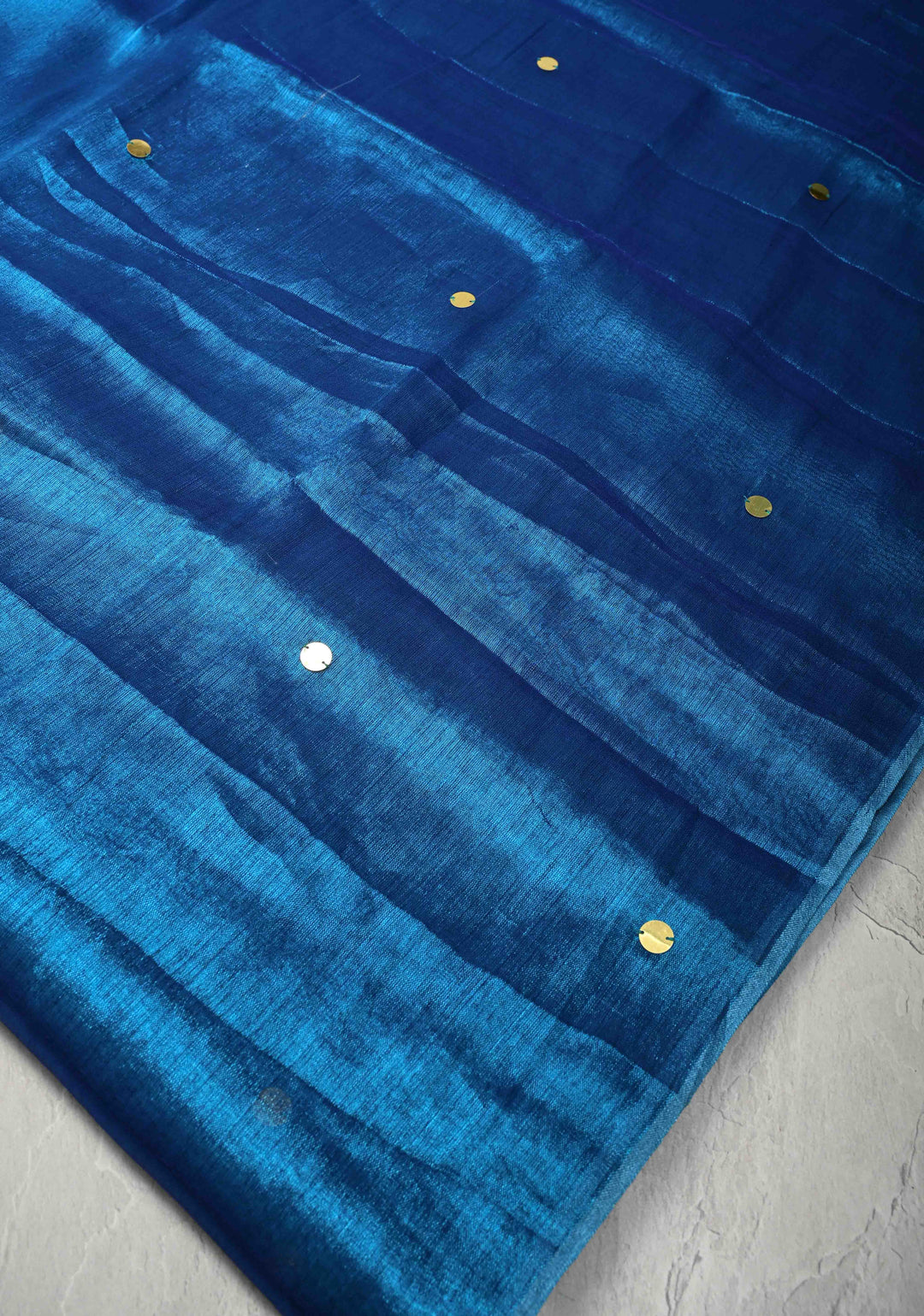 copper sulphate blue Tissue by Tissue Saree with Tikki Work and Long Tassels