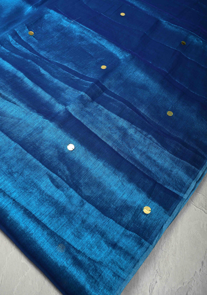 copper sulphate blue Tissue by Tissue Saree with Tikki Work and Long Tassels