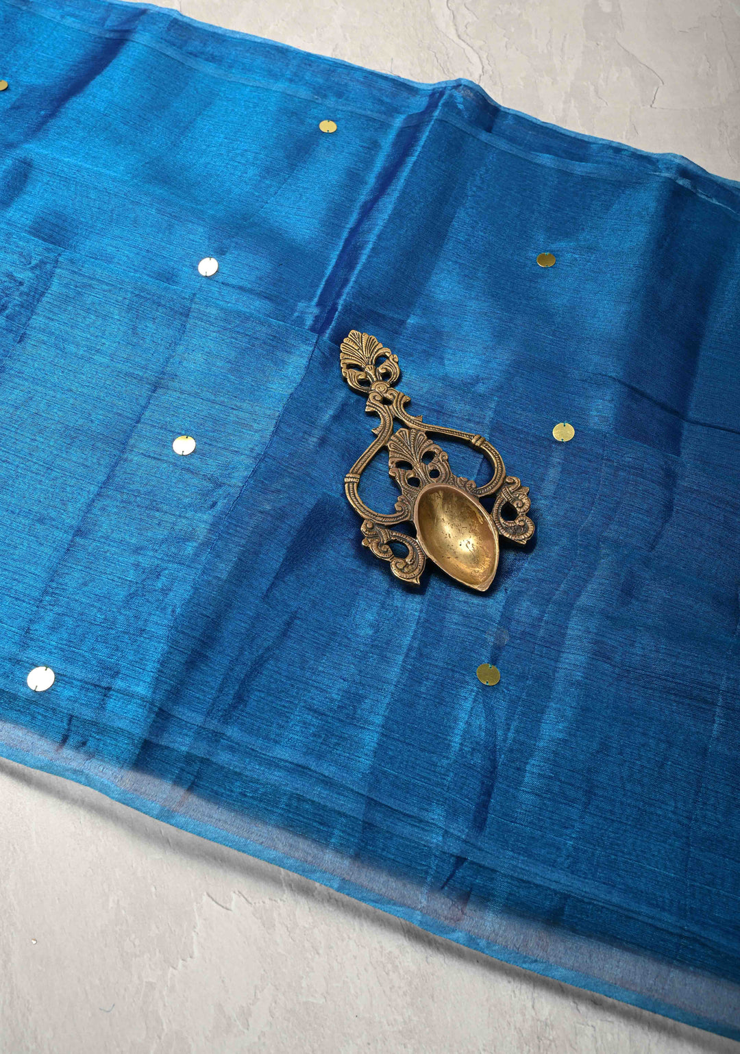 copper sulphate blue Tissue by Tissue Saree with Tikki Work and Long Tassels
