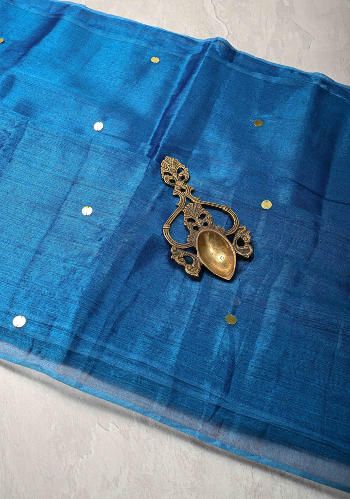 copper sulphate blue Tissue by Tissue Saree with Tikki Work and Long Tassels