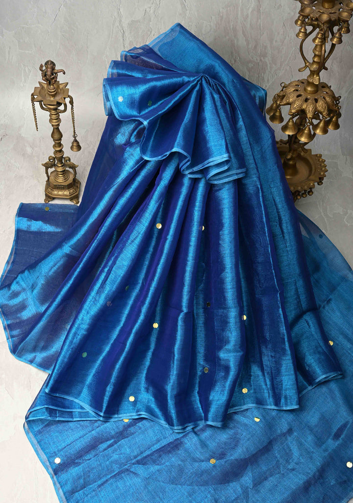 copper sulphate blue Tissue by Tissue Saree with Tikki Work and Long Tassels