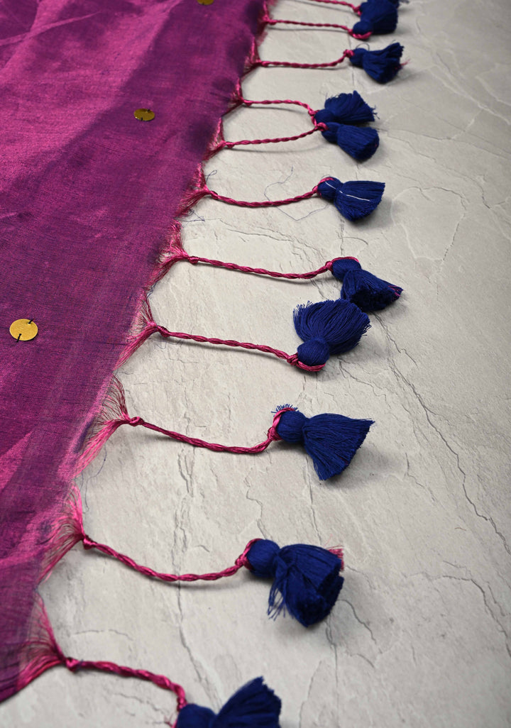 Purple Tissue by Tissue Saree with Tikki Work and Long Tassels
