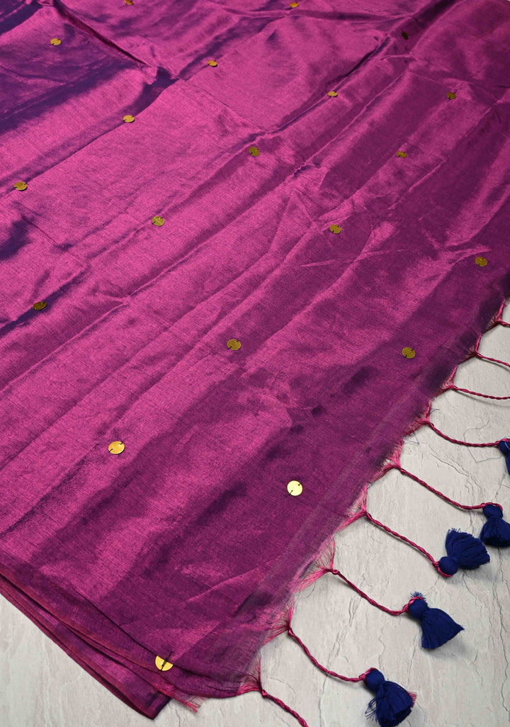 Purple Tissue by Tissue Saree with Tikki Work and Long Tassels