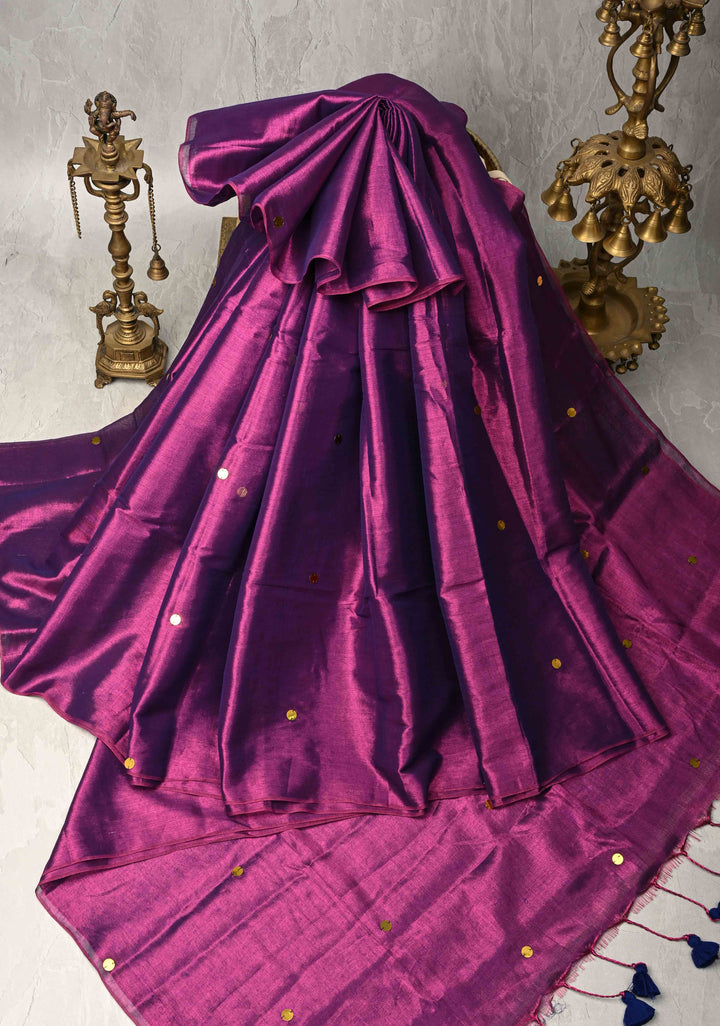 Purple Tissue by Tissue Saree with Tikki Work and Long Tassels