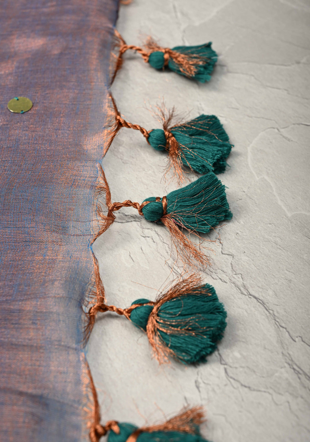 Dual Tone Misty Blue Tissue by Tissue Saree with Tikki Work and Long Tassels