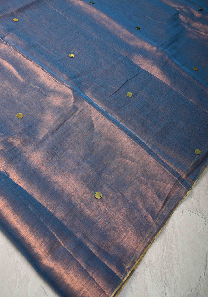 Dual Tone Misty Blue Tissue by Tissue Saree with Tikki Work and Long Tassels