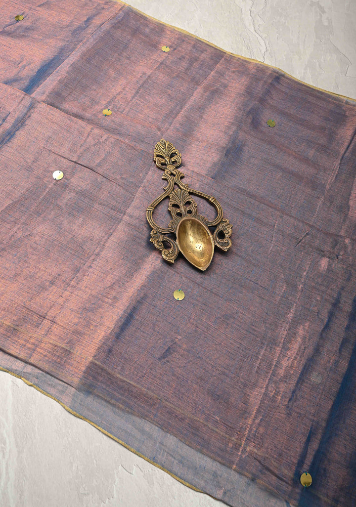 Dual Tone Misty Blue Tissue by Tissue Saree with Tikki Work and Long Tassels