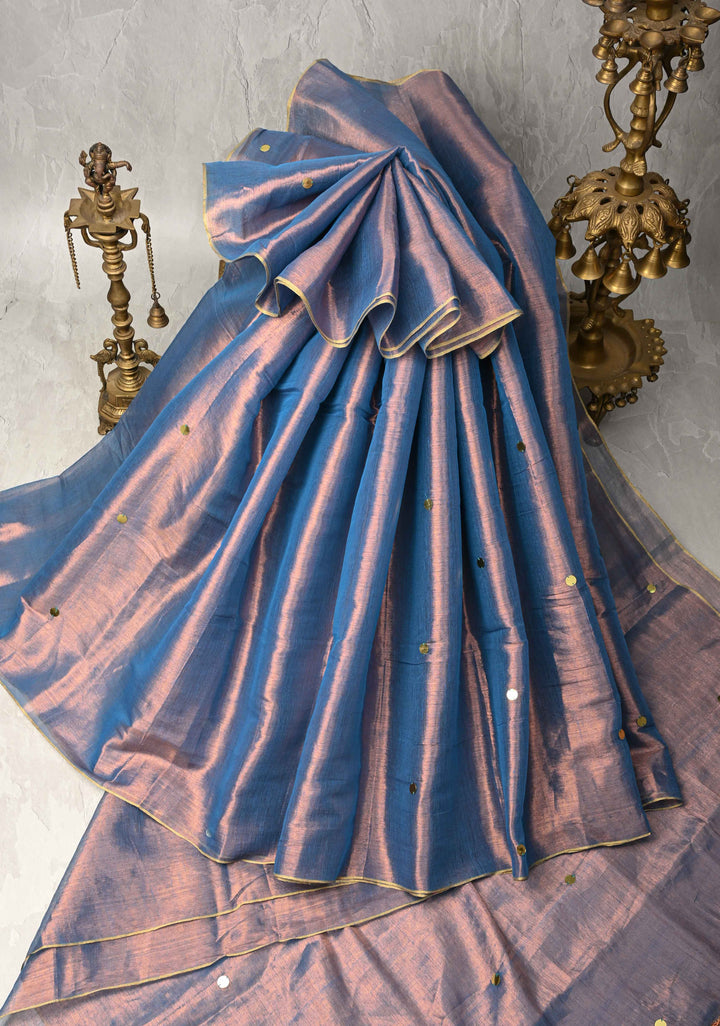 Dual Tone Misty Blue Tissue by Tissue Saree with Tikki Work and Long Tassels