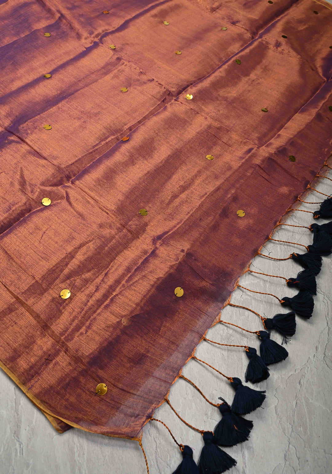 Dual Tone Reddish Brown Tissue by Tissue Saree with Tikki Work and Long Tassels