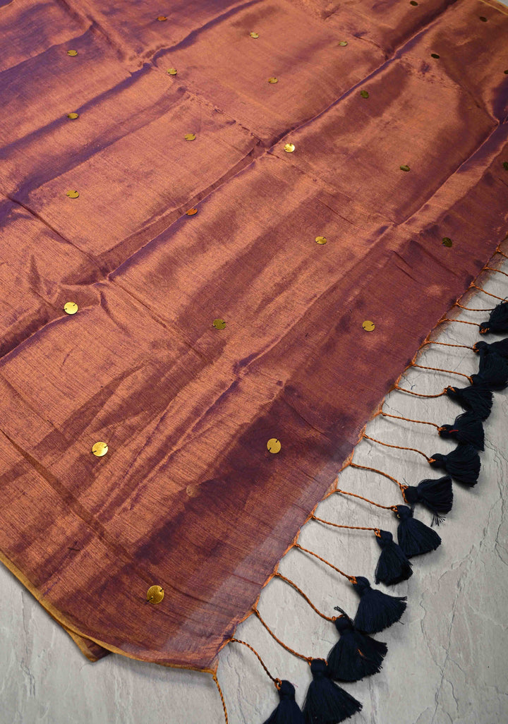 Dual Tone Reddish Brown Tissue by Tissue Saree with Tikki Work and Long Tassels