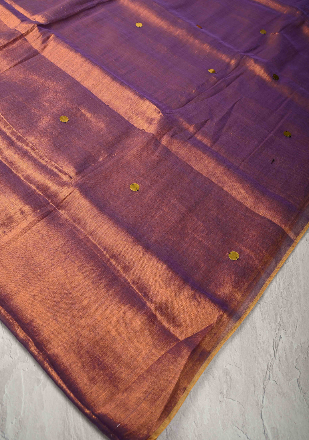 Dual Tone Reddish Brown Tissue by Tissue Saree with Tikki Work and Long Tassels