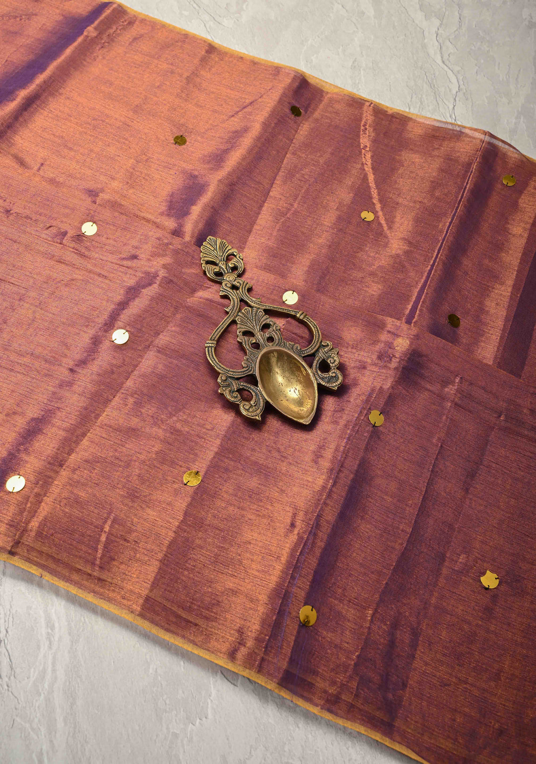 Dual Tone Reddish Brown Tissue by Tissue Saree with Tikki Work and Long Tassels