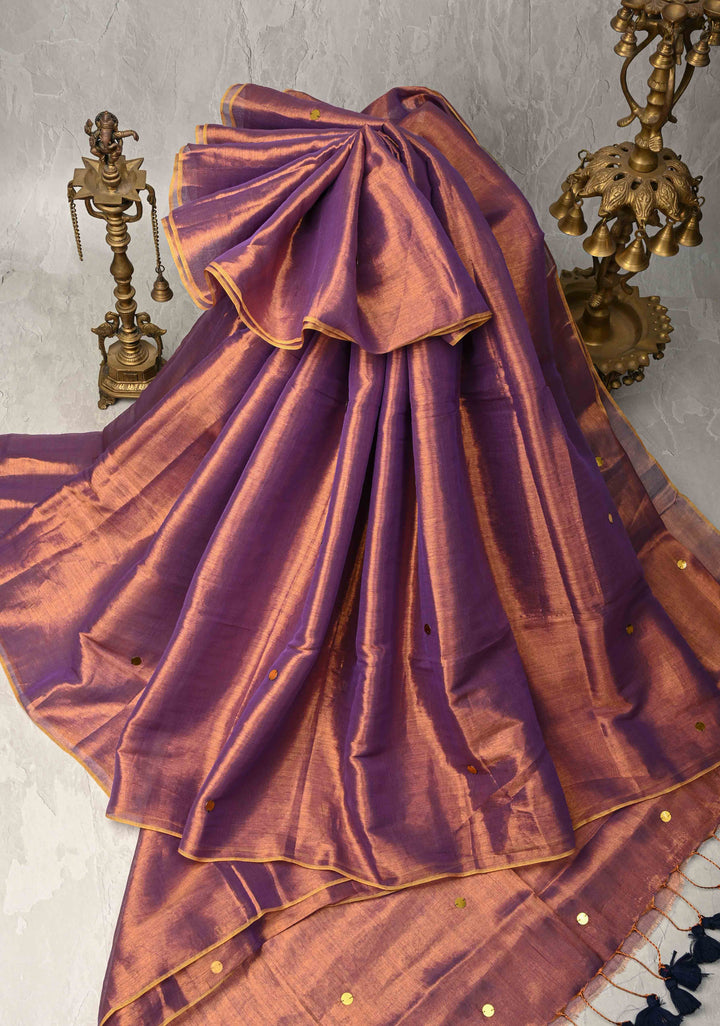 Dual Tone Reddish Brown Tissue by Tissue Saree with Tikki Work and Long Tassels