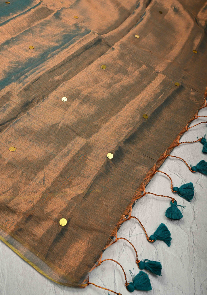 Patina Green Tissue by Tissue Saree with Tikki Work and Long Tassels