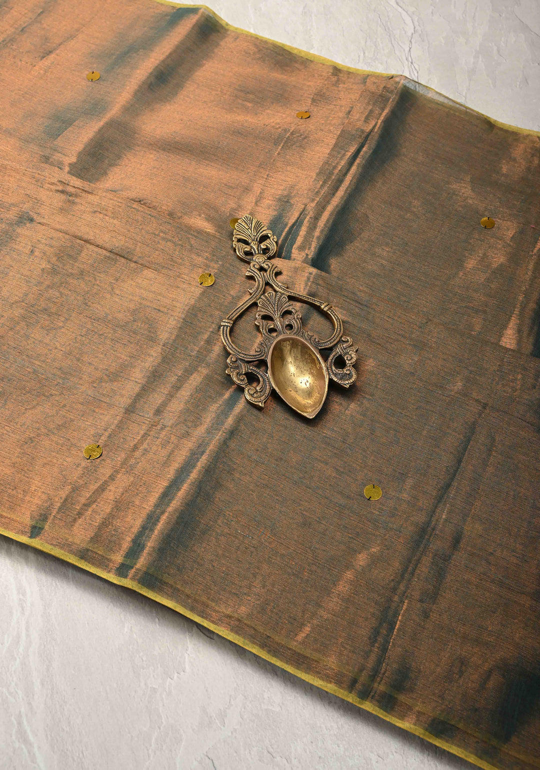 Patina Green Tissue by Tissue Saree with Tikki Work and Long Tassels