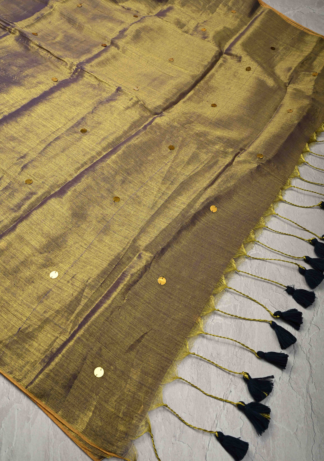 Moss Purple Tissue by Tissue Saree with Tikki Work and Long Tassels