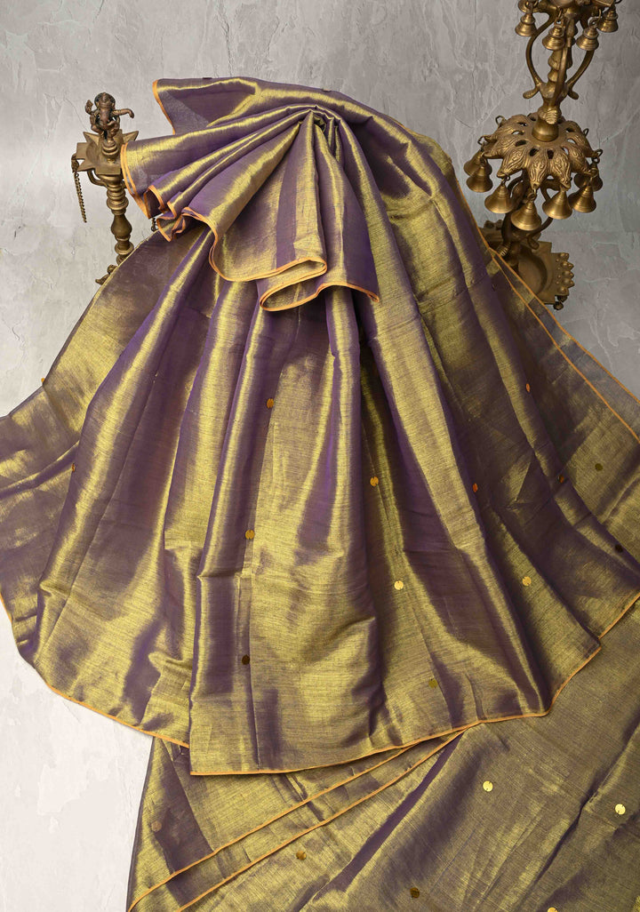 Moss Purple Tissue by Tissue Saree with Tikki Work and Long Tassels