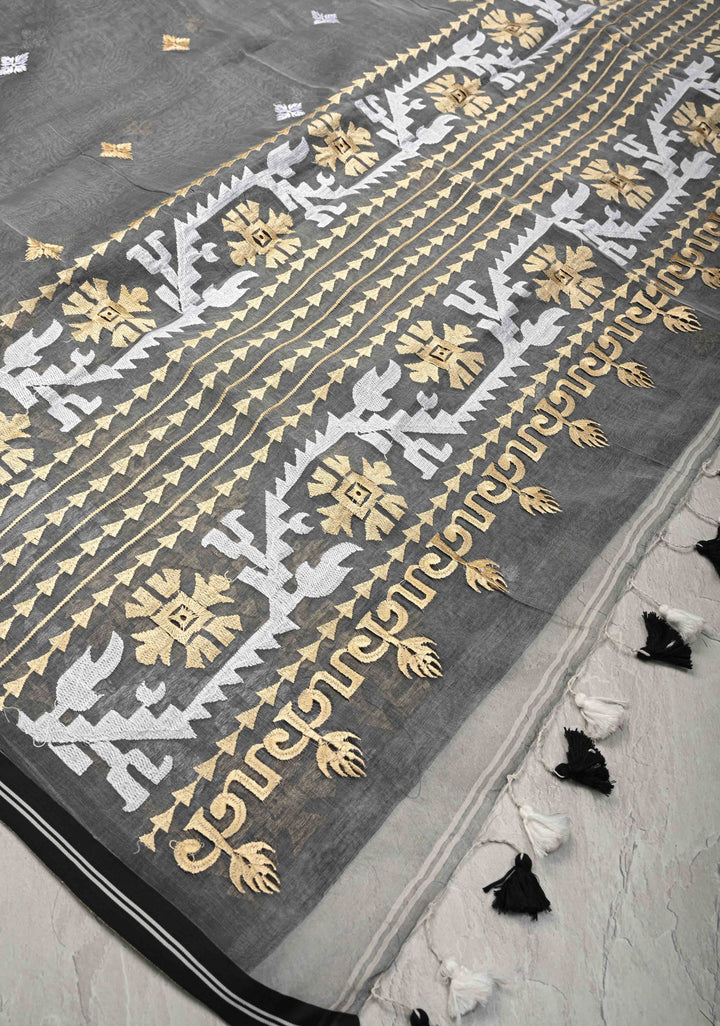 Gray Mercedized Cotton Tissue Saree with hand Jamdhani Work and long tassels