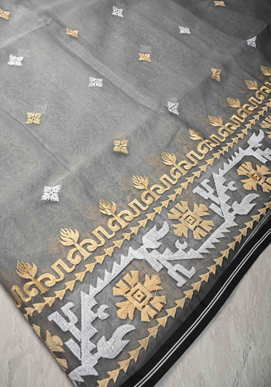 Gray Mercedized Cotton Tissue Saree with hand Jamdhani Work and long tassels