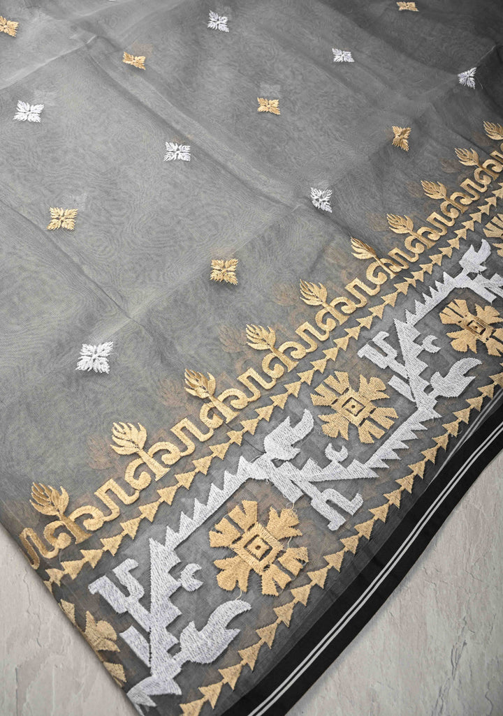 Gray Mercedized Cotton Tissue Saree with hand Jamdhani Work and long tassels