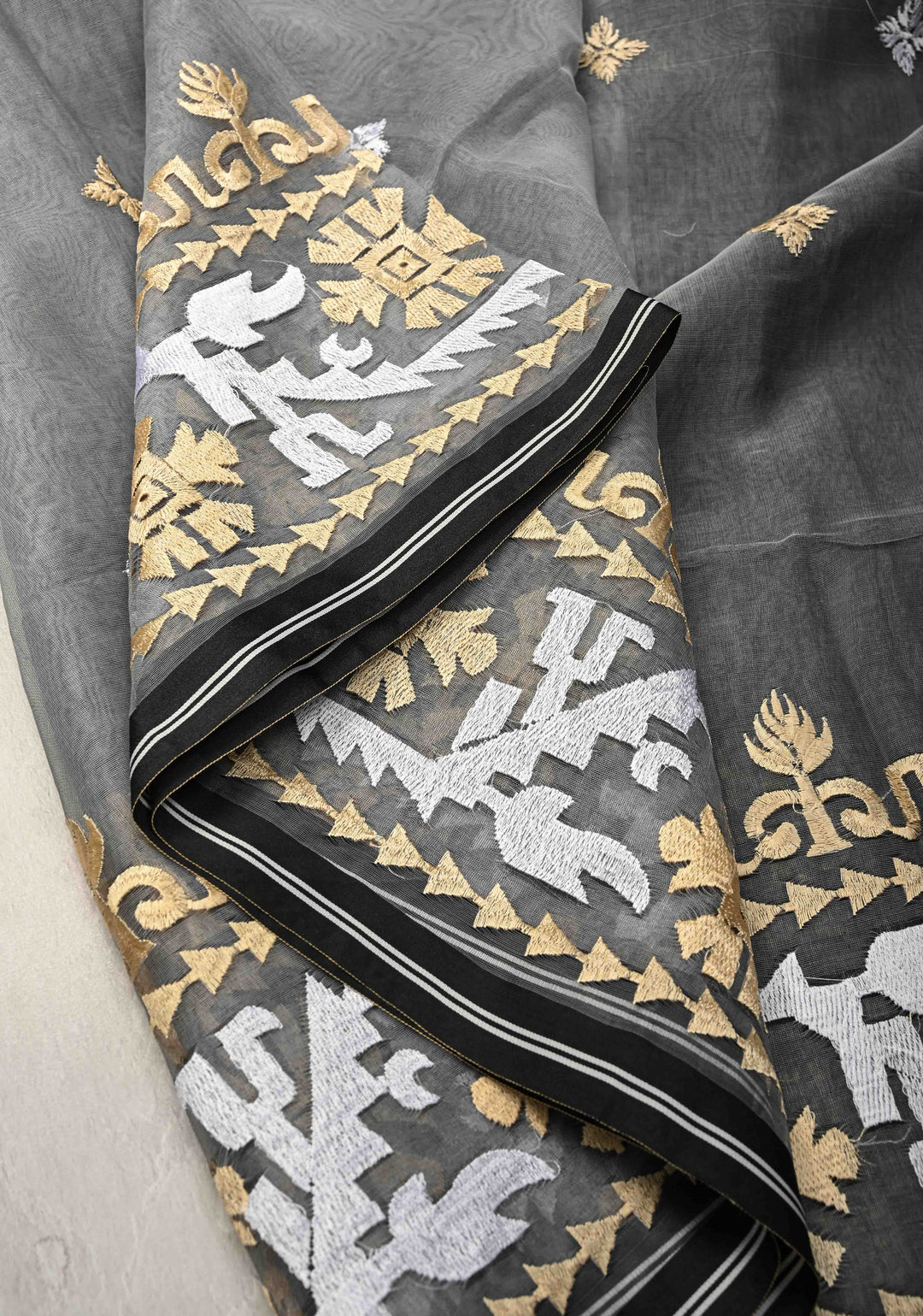 Gray Mercedized Cotton Tissue Saree with hand Jamdhani Work and long tassels