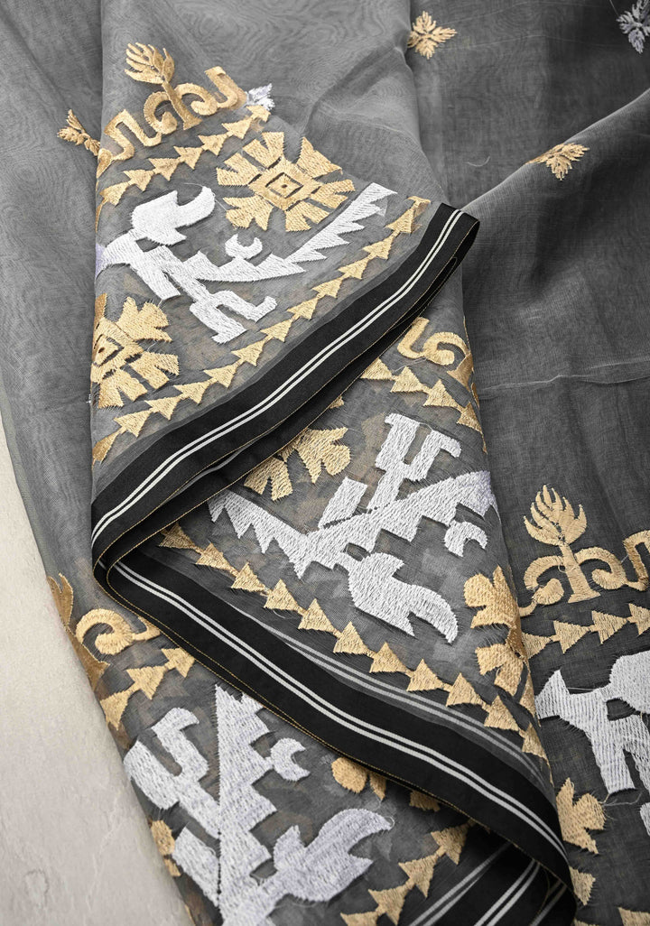 Gray Mercedized Cotton Tissue Saree with hand Jamdhani Work and long tassels