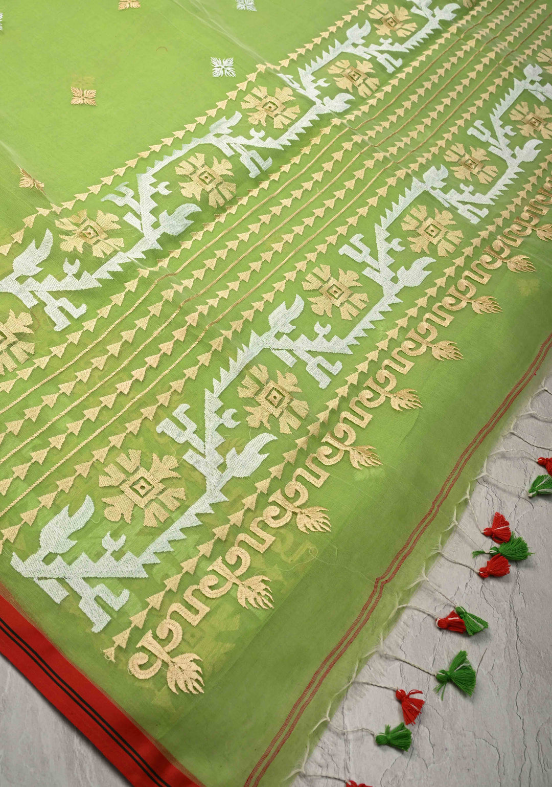 Fresh Green Mercedized Bengal cotton machine embroidered Butta and Border and long tassels
