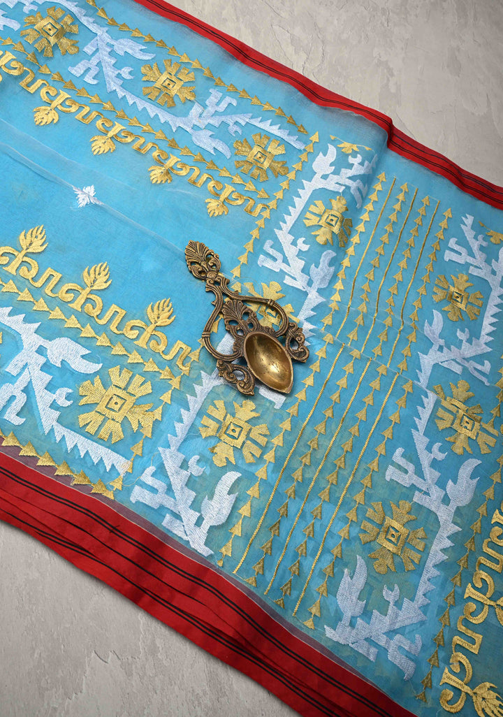 Sky Blue Mercedized Bengal cotton machine embroidered Butta and Border and long tassels
