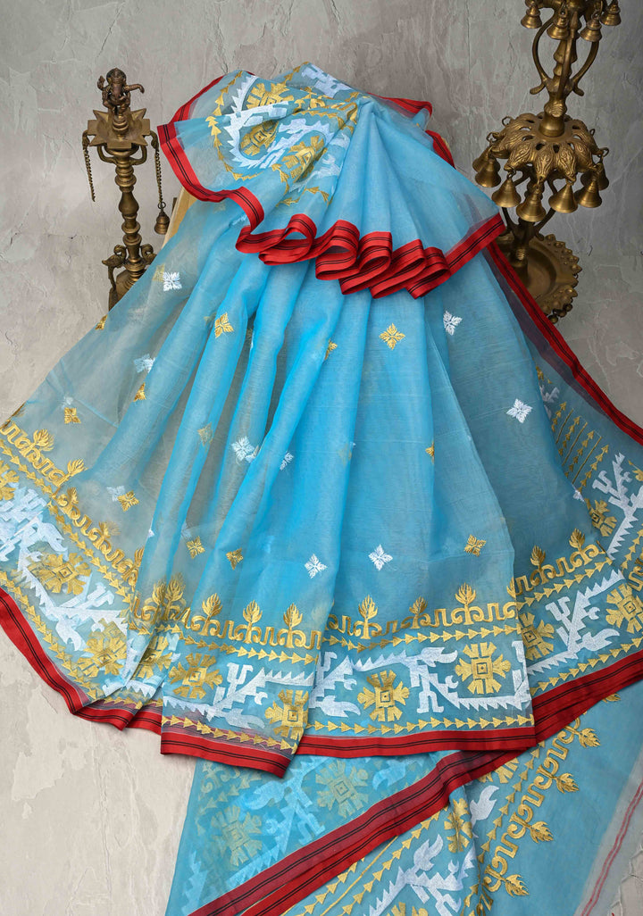 Sky Blue Mercedized Bengal cotton machine embroidered Butta and Border and long tassels