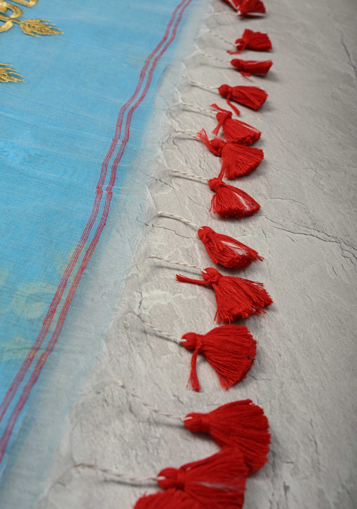 Sky Blue Mercedized Bengal cotton machine embroidered Butta and Border and long tassels