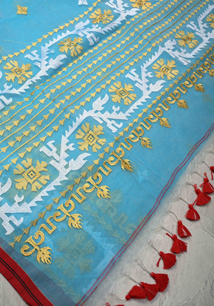 Sky Blue Mercedized Bengal cotton machine embroidered Butta and Border and long tassels