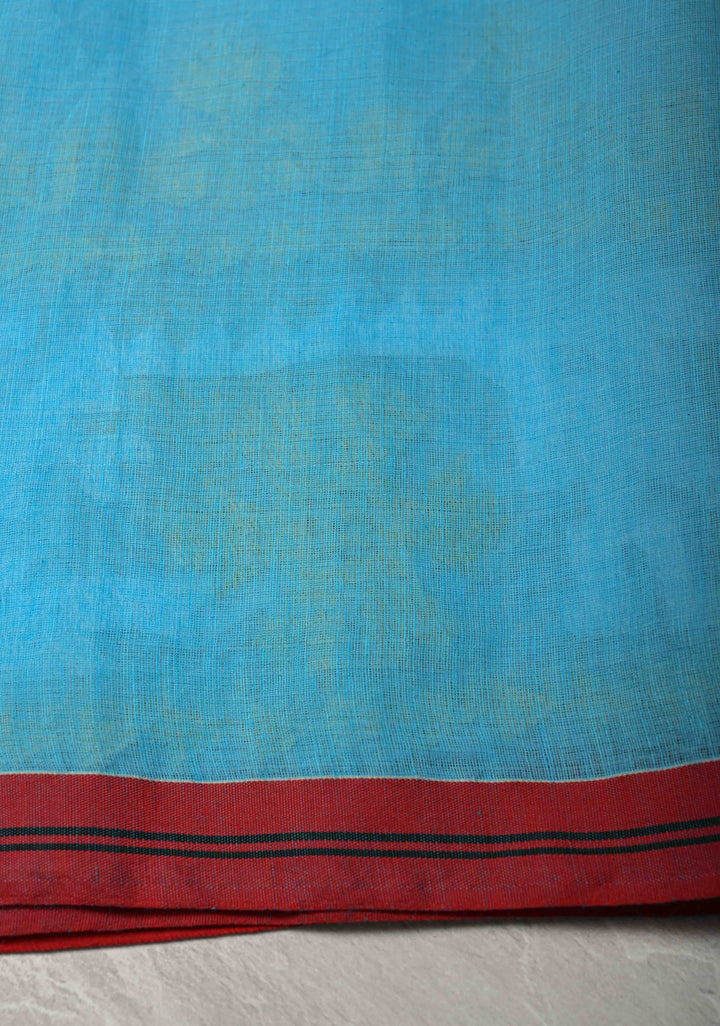 Sky Blue Mercedized Bengal cotton machine embroidered Butta and Border and long tassels