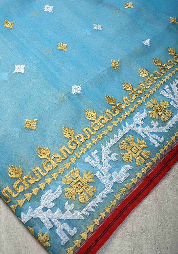 Sky Blue Mercedized Bengal cotton machine embroidered Butta and Border and long tassels