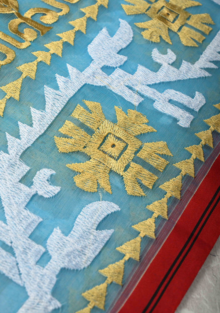 Sky Blue Mercedized Bengal cotton machine embroidered Butta and Border and long tassels