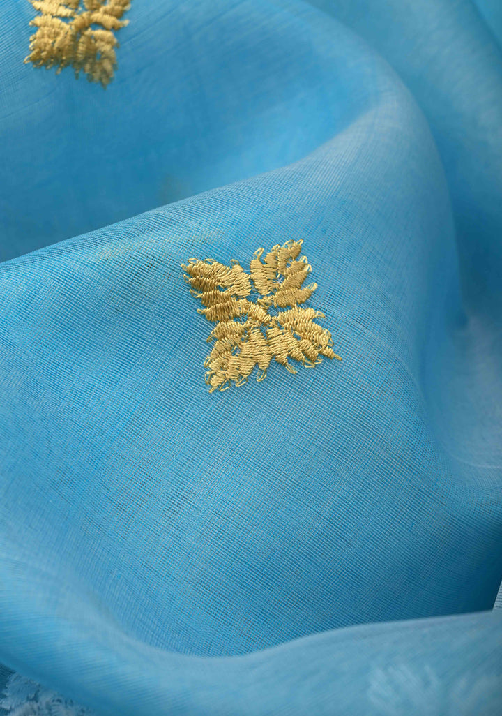Sky Blue Mercedized Bengal cotton machine embroidered Butta and Border and long tassels