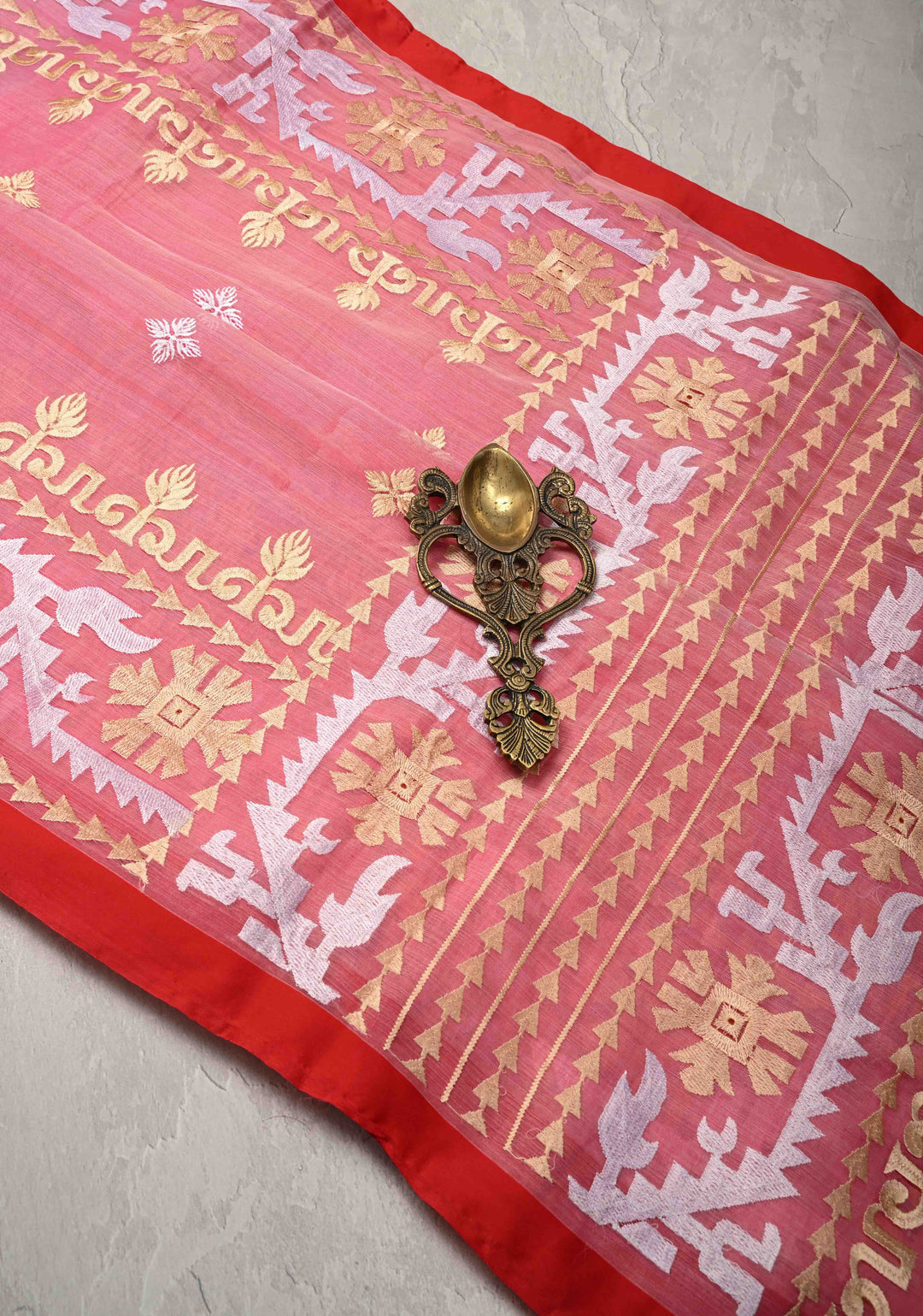 Light Pink Bengal Cotton Muslin Saree with Jamdhani Style Butta,Border and long tassels