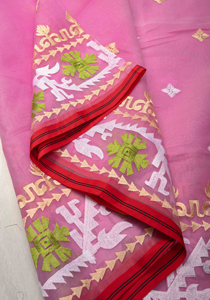 Rose Pink Bengal Cotton Muslin Saree with Jamdhani Style Butta,Border and long tassels