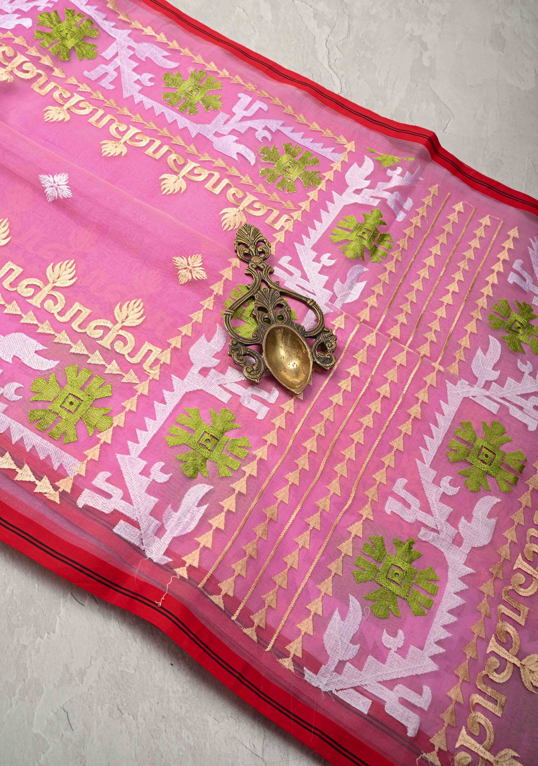 Rose Pink Bengal Cotton Muslin Saree with Jamdhani Style Butta,Border and long tassels