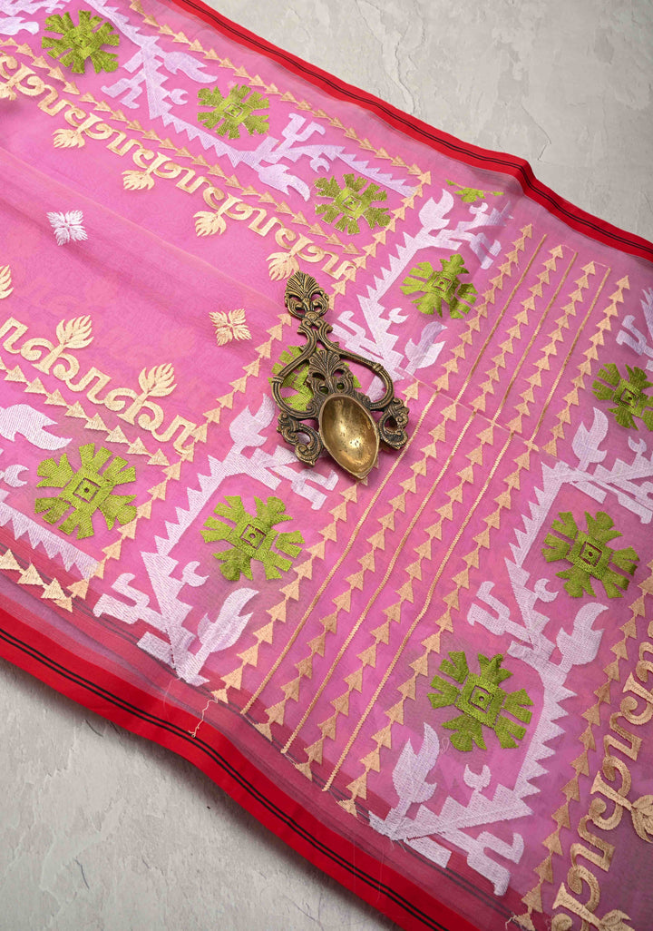Rose Pink Bengal Cotton Muslin Saree with Jamdhani Style Butta,Border and long tassels