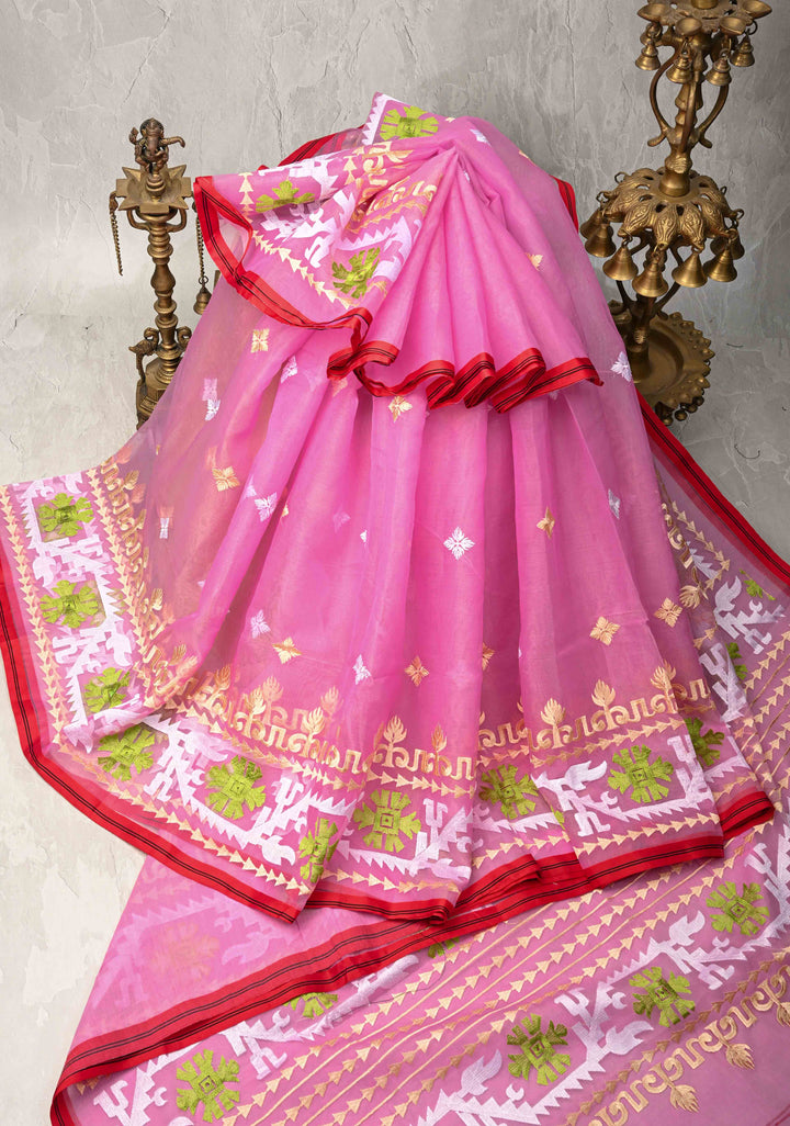 Rose Pink Bengal Cotton Muslin Saree with Jamdhani Style Butta,Border and long tassels