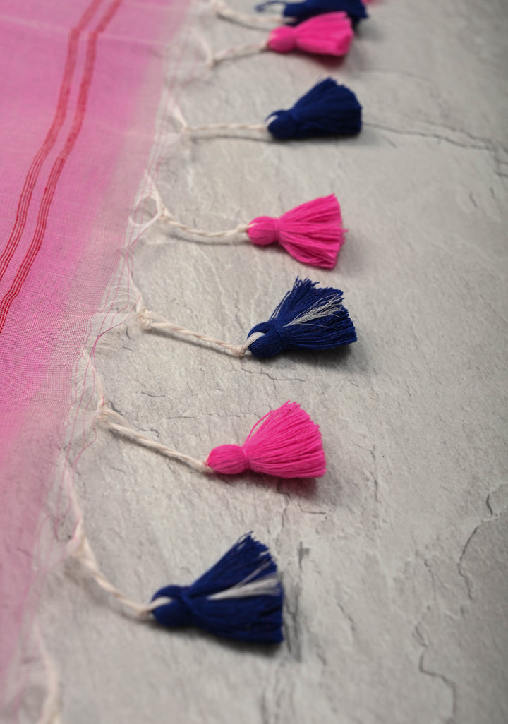 Rose Pink Bengal Cotton Muslin Saree with Jamdhani Style Butta,Border and long tassels