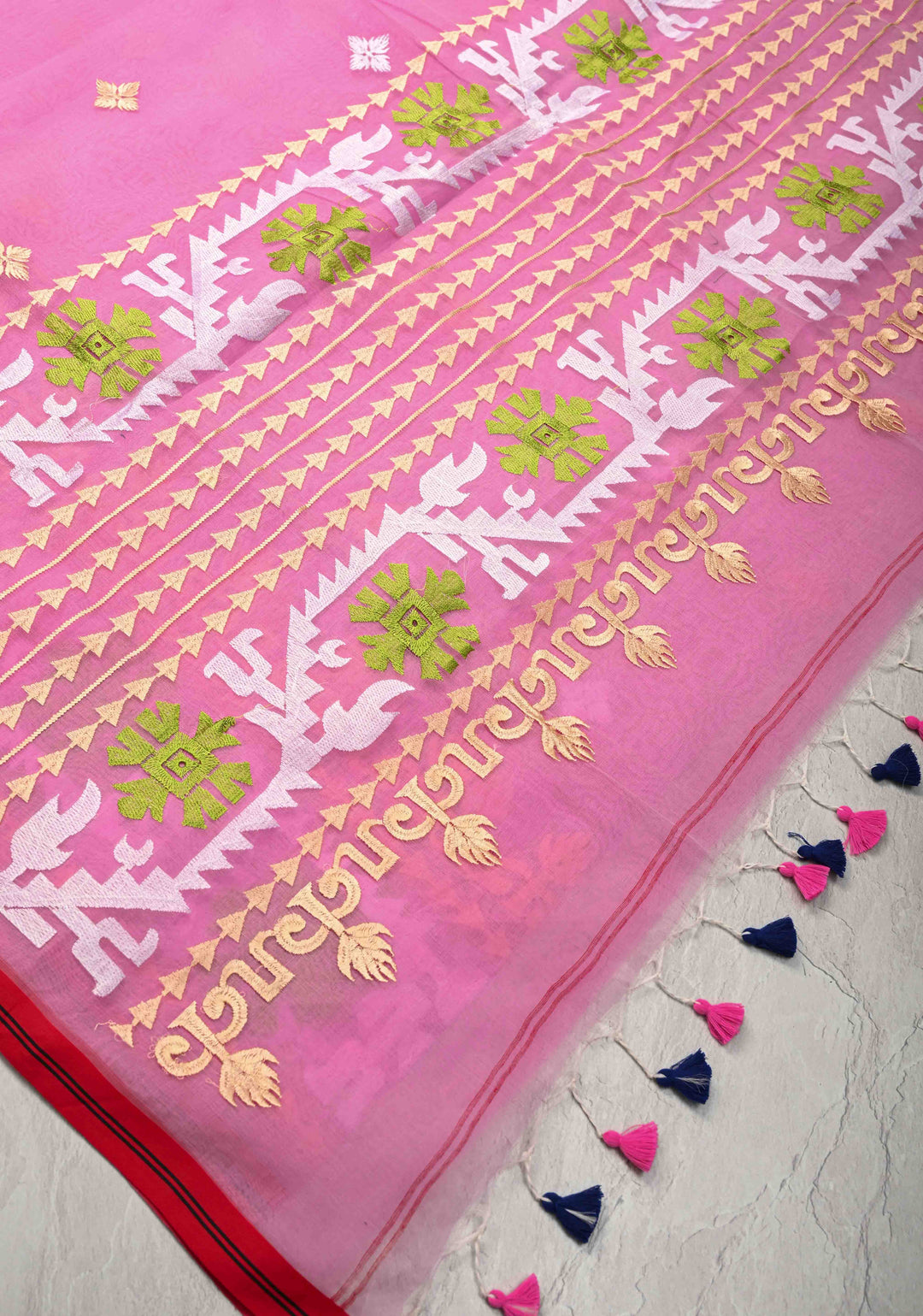 Rose Pink Bengal Cotton Muslin Saree with Jamdhani Style Butta,Border and long tassels