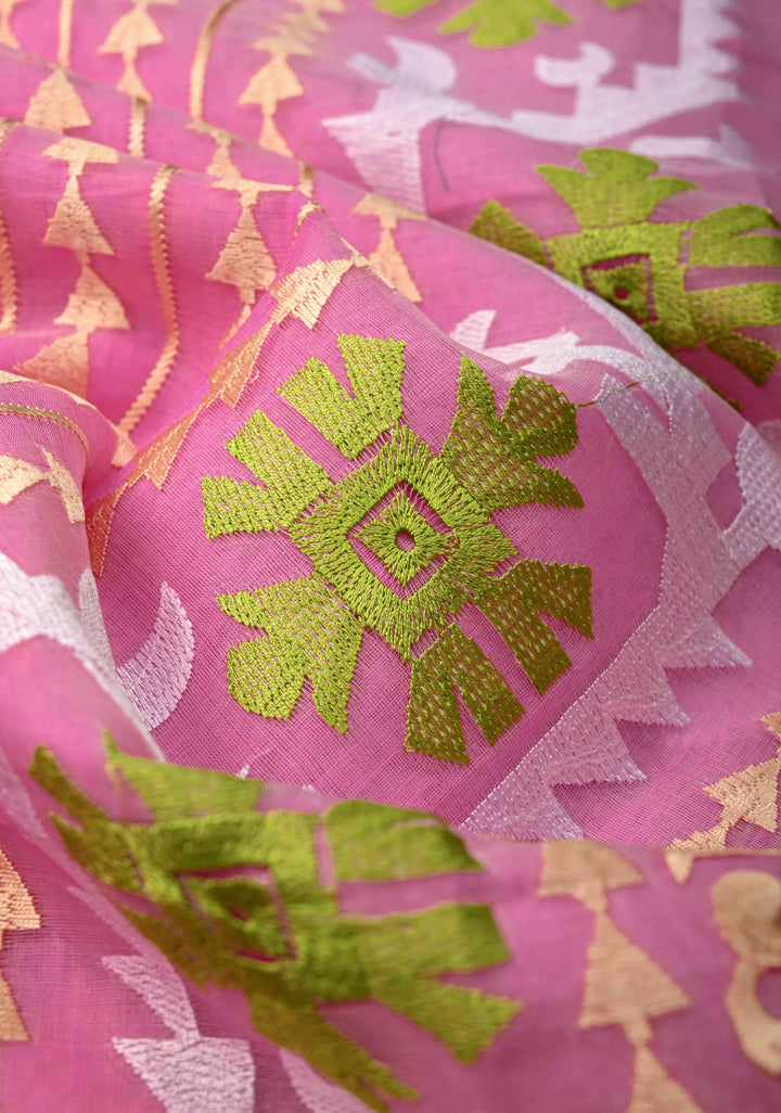 Rose Pink Bengal Cotton Muslin Saree with Jamdhani Style Butta,Border and long tassels