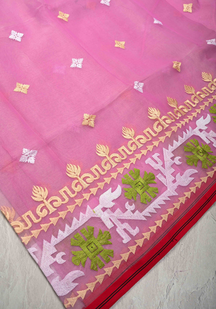 Rose Pink Bengal Cotton Muslin Saree with Jamdhani Style Butta,Border and long tassels